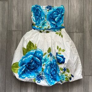 B.Darlin Womens Strapless Graduation White Dress with Bold Blue Floral Print